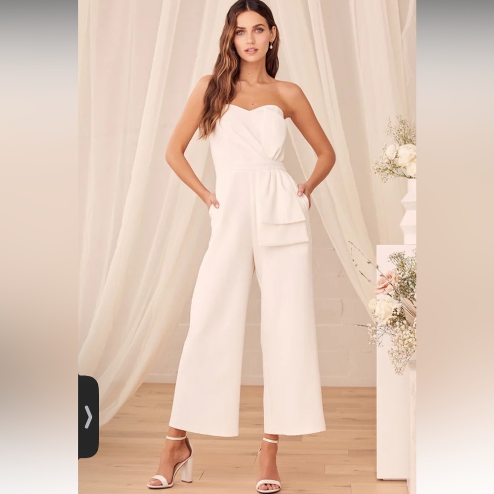 Won a Heart White Strapless Wide Leg Jumpsuit